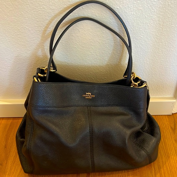 Black leather COACH purse with gold accents - Picture 1 of 7